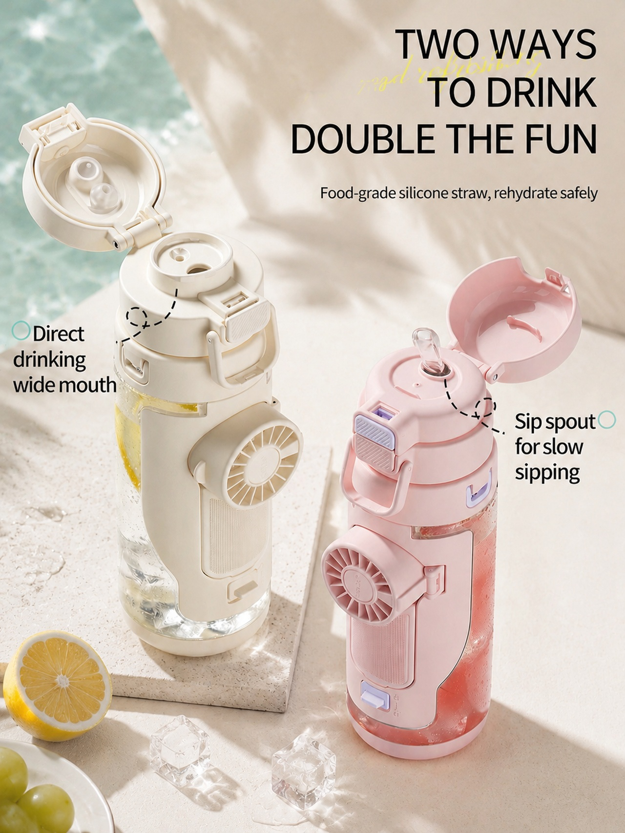 Portable water cup with fan for summer heat