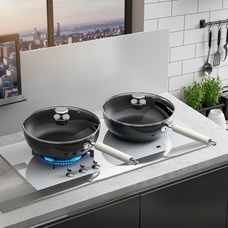 Iron deep frying pan with food inside
