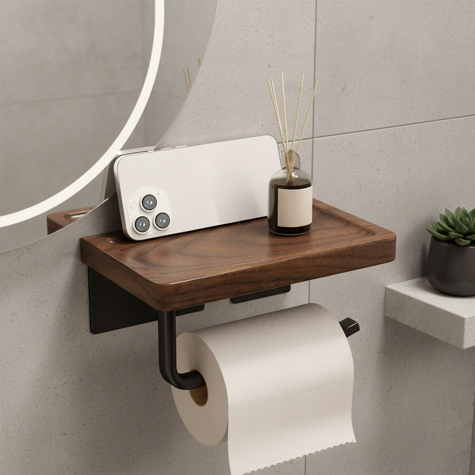 Punch-Free Walnut Wood Toilet Paper Holder Tissue Storage