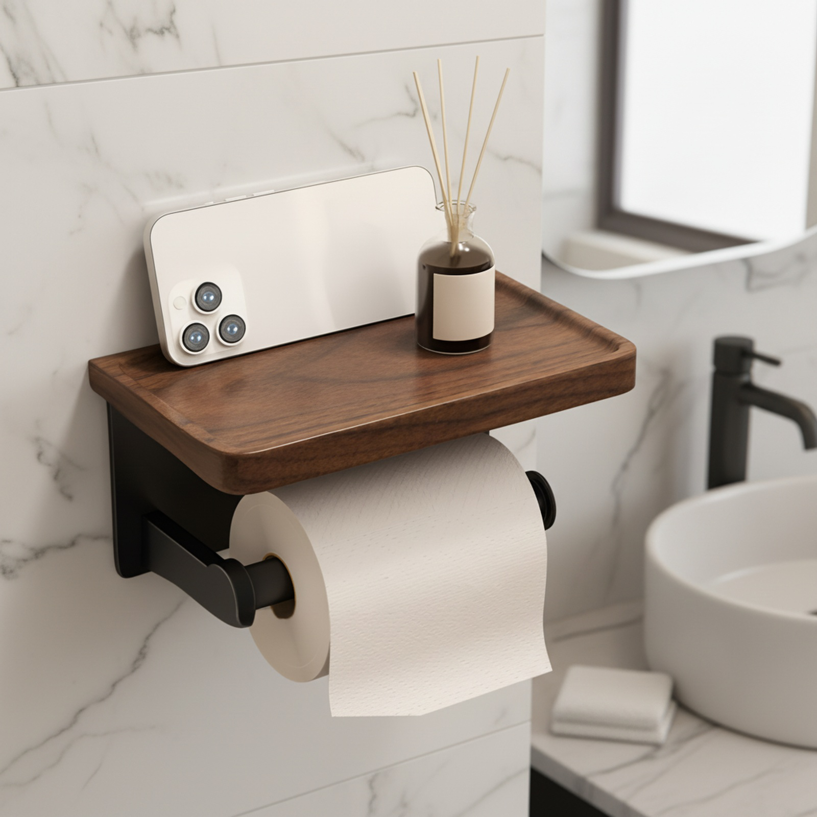 Punch-Free Walnut Wood Toilet Paper Holder Tissue Storage