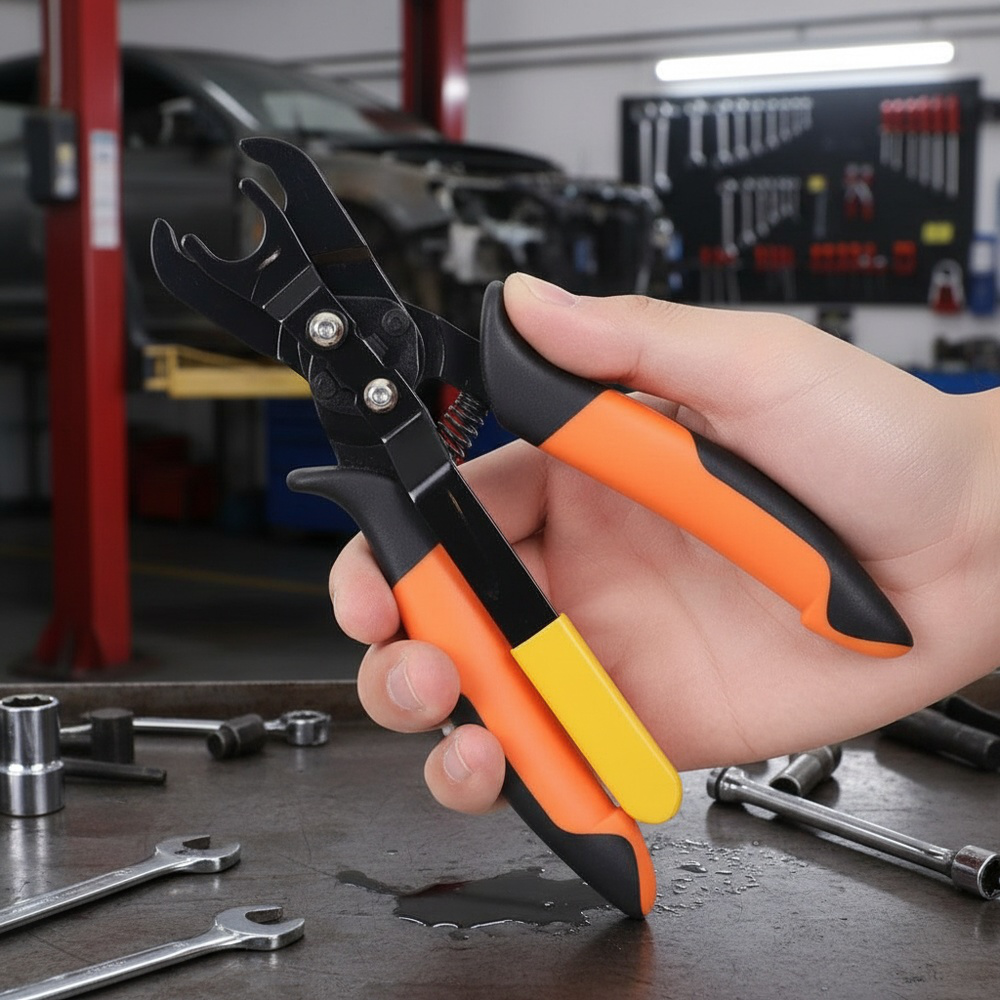 Air hose connector disconnecting pliers tool, push-in connector disconnecting tool, air line disconn