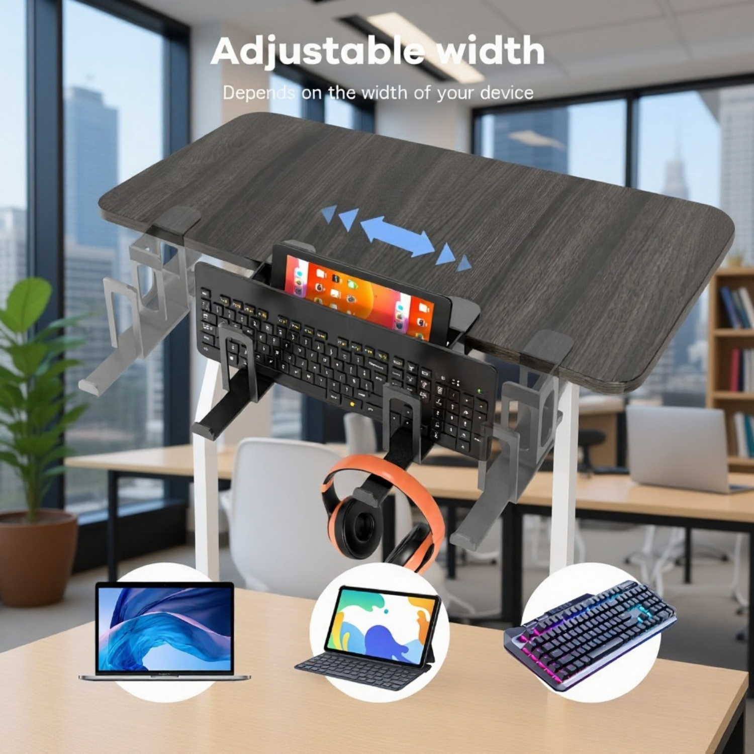 Laptop stand with side keyboard storage, includes headphone holder, handle hook, and tablet.