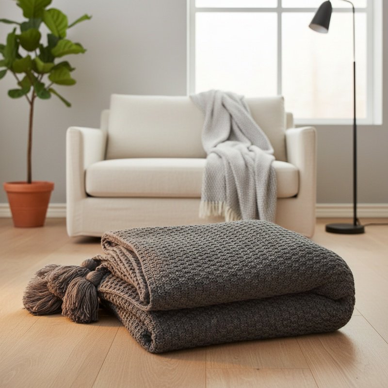 Elegant Scandinavian blanket folded on sofa