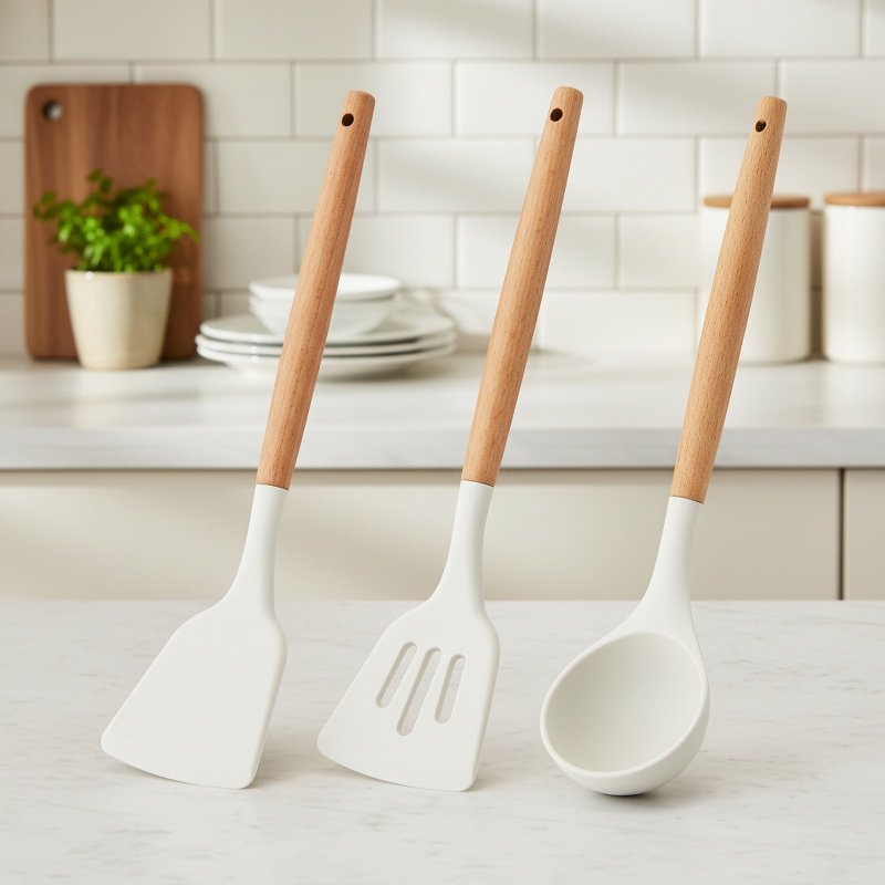 Heat-Resistant Wooden Handle Silicone Kitchenware 3-Piece Set (Soup Spoon, Spatula)