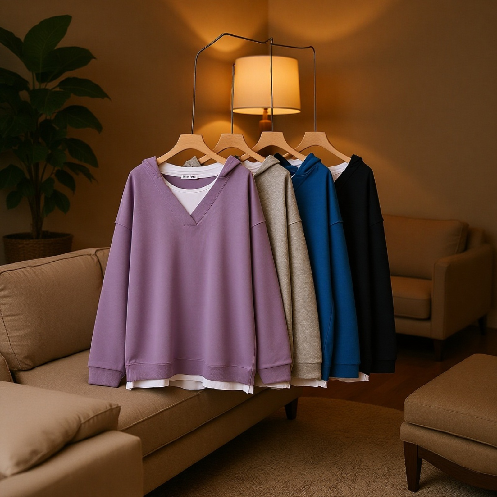 着痩せ効果抜群のフェイクレイヤード長袖スウェット・大きいサイズ・配色トップス