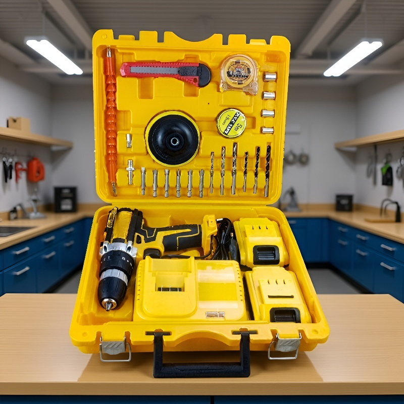 24V-os sárga akkumulátoros szerszámcsomag, elektromos fúrógéppel