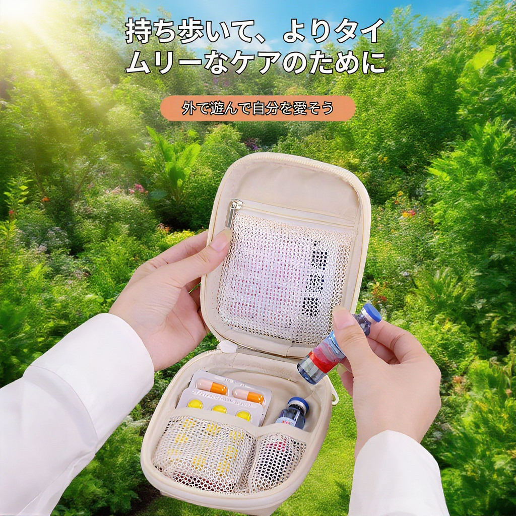 防水仕様の薬収納バッグを持つ家族