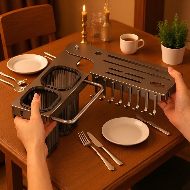 Nástěnný kuchyňský rohový stojan na nože a hůlky s integrovaným úložným prostorem