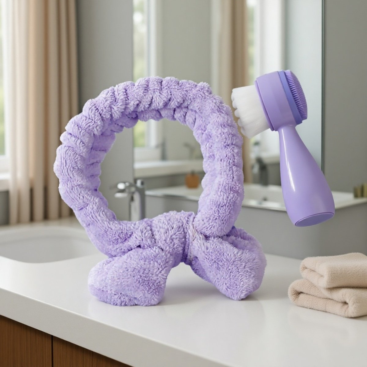 Bow tie headband holding hair back during facial wash