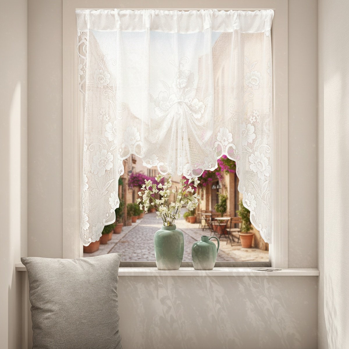 Rideau en dentelle blanche à papillon avec cordon de serrage