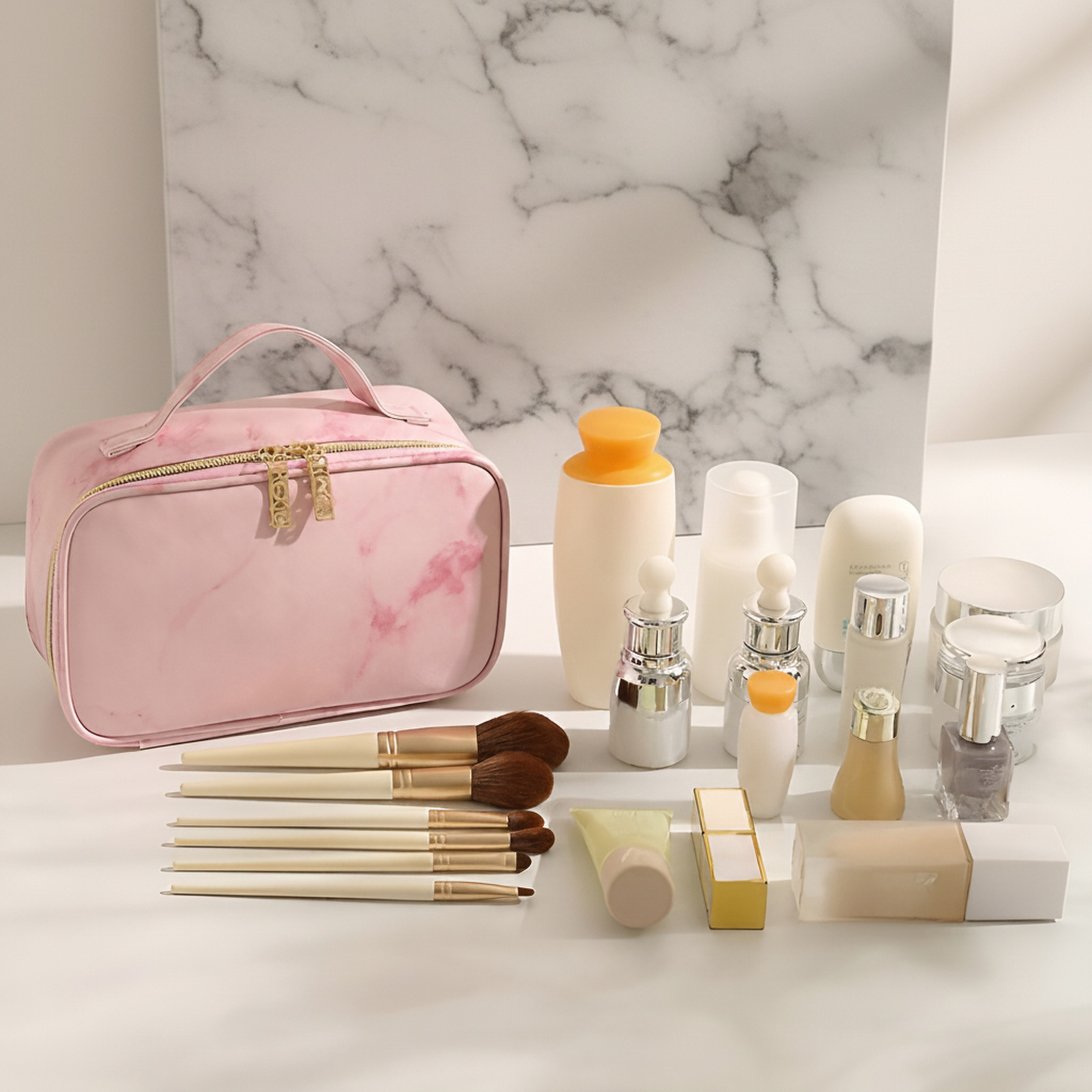 Large Travel Bag with Marble Pattern Makeup Pouch