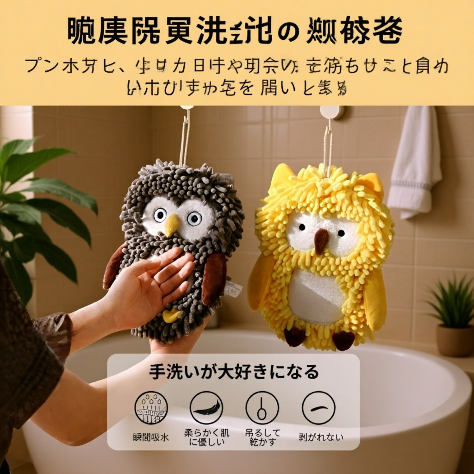 フクロウ型シェニール吸水速乾ハンドタオル キッチン掛け式両用タイプ