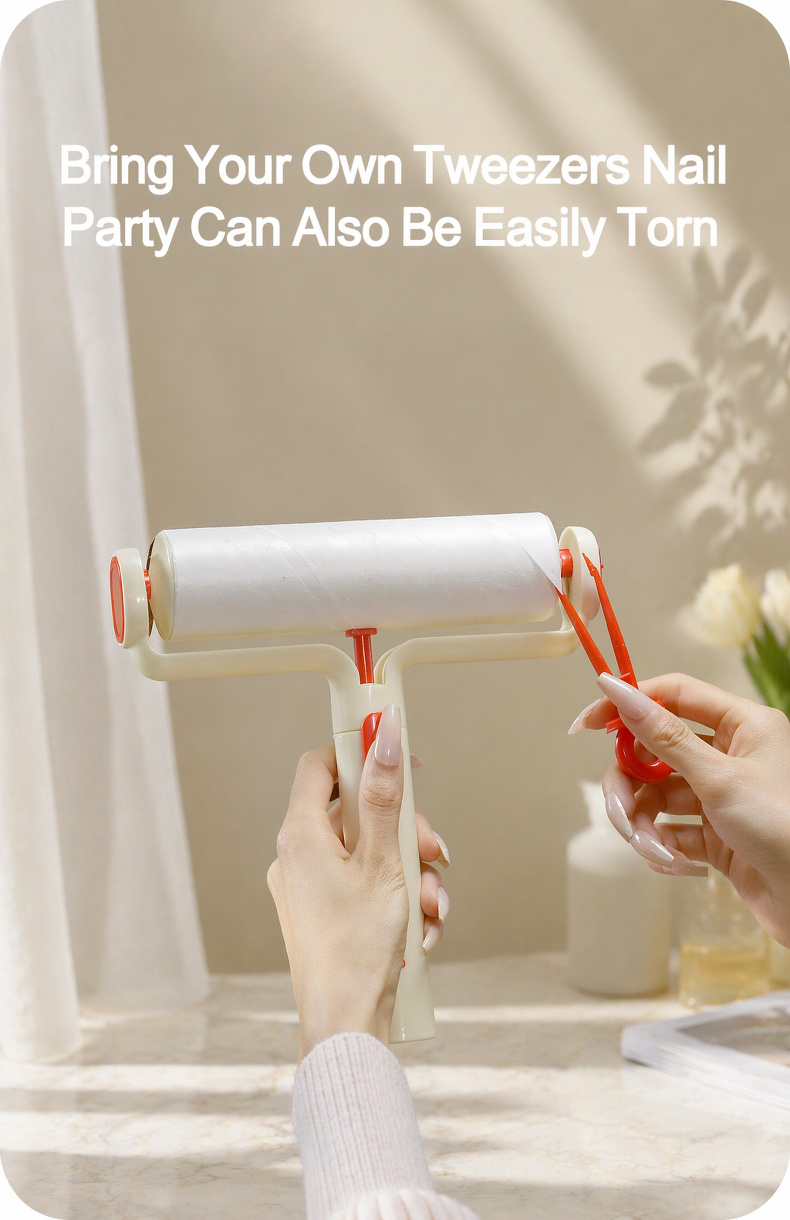 Hand using lint roller with tweezers to remove pet hair from clothes