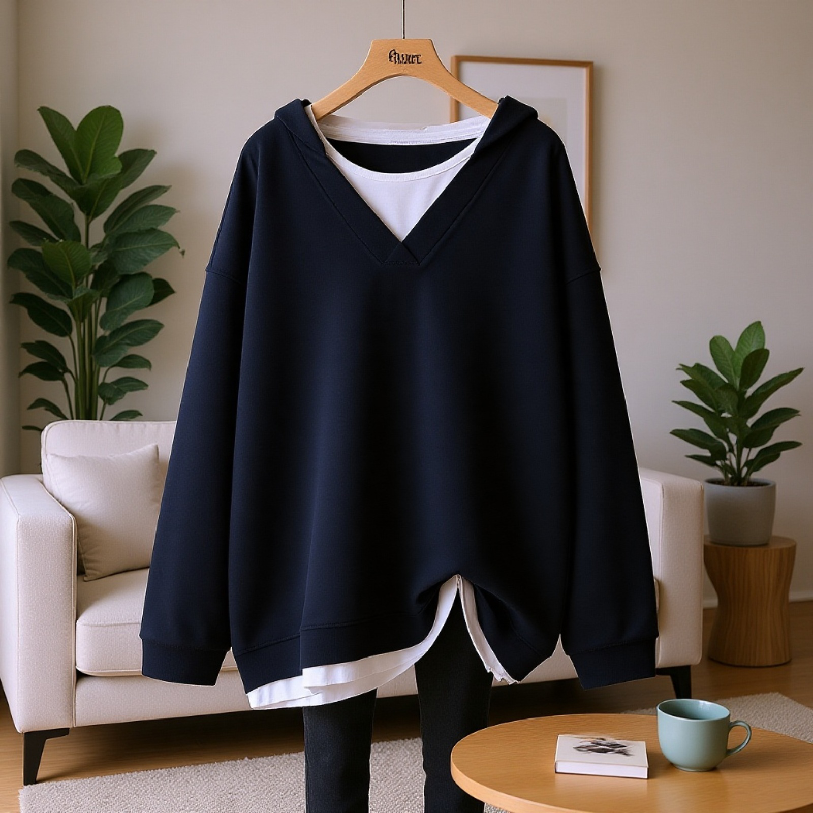 着痩せ効果抜群のフェイクレイヤード長袖スウェット・大きいサイズ・配色トップス