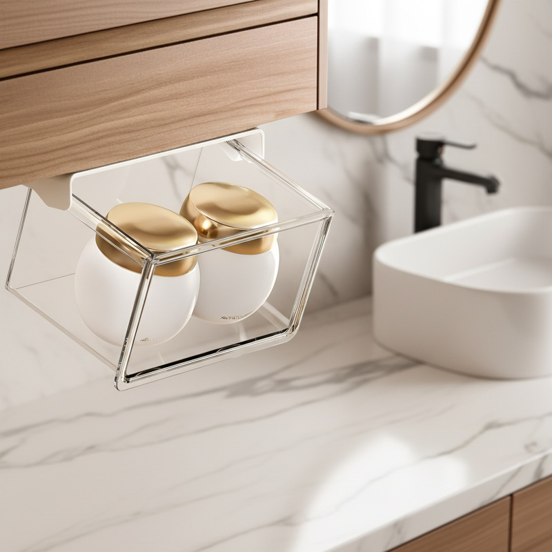 Side view of 33° slanted transparent desk drawer organizer