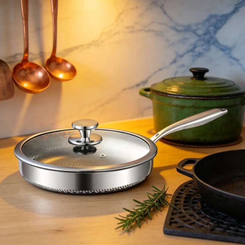 Set de 3 sartenes antiadherentes de acero inoxidable 304 con diseño de panal