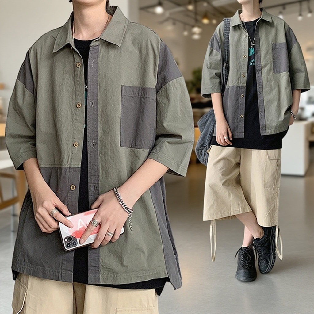 夏のレトロ風切り替え五分袖シャツ メンズ