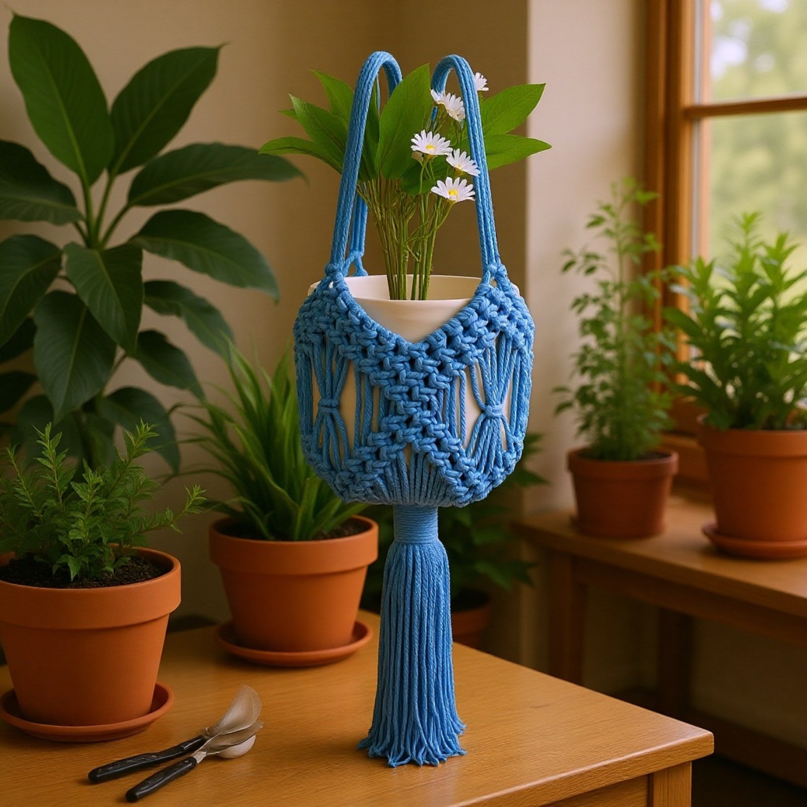 吊り下げ用手編みプランターネットバスケット