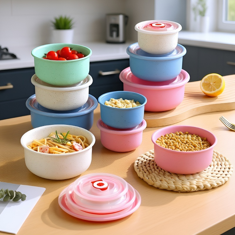 環境に優しい・耐久性抜群の電子レンジ対応麦わら食品保存容器（蓋付き）