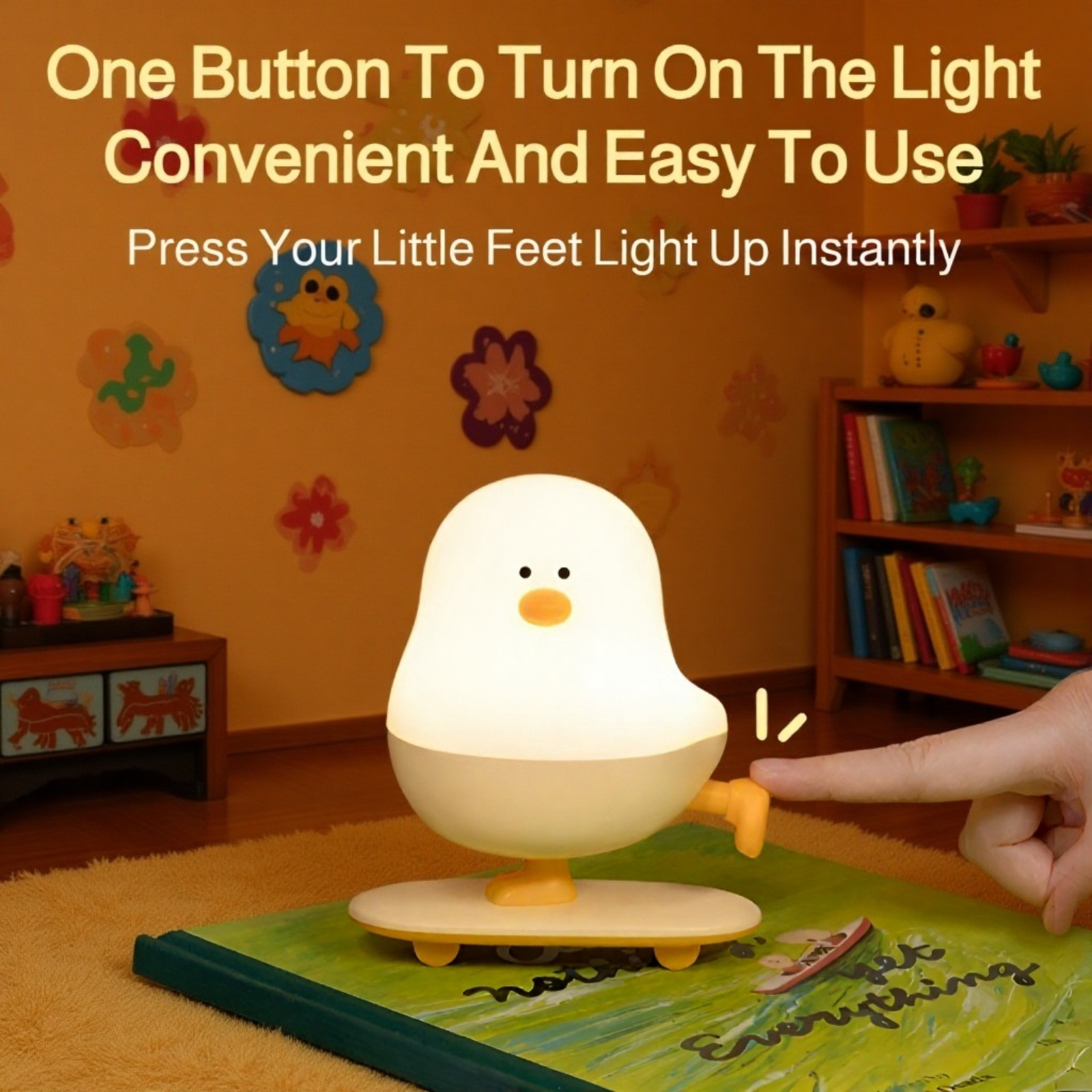 Soft glowing chicken night light in children's bedroom