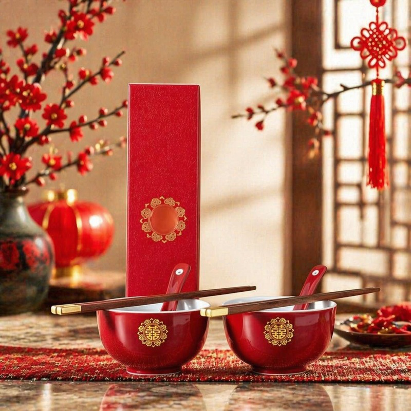 Chinese wedding ceramic wedding bowls a pair of round red wedding dowry bowls and chopsticks set wed
