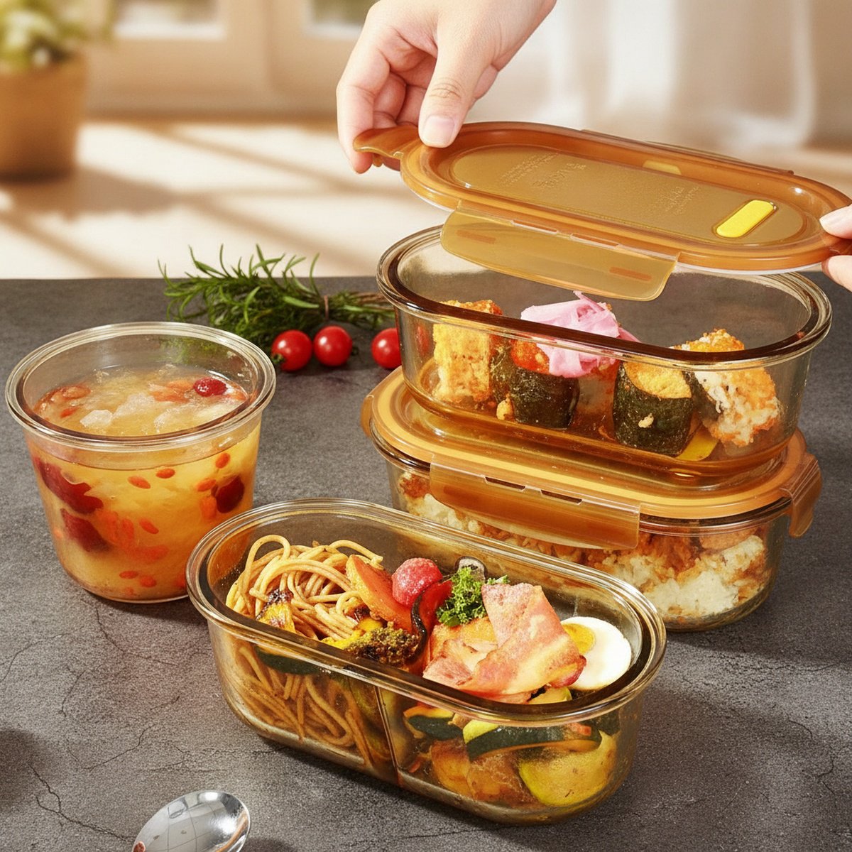 X23033101FA-[Must-have für den Fettabbau] Bernsteinfarbene, hochhitzebeständige Lunchbox mit hohem B