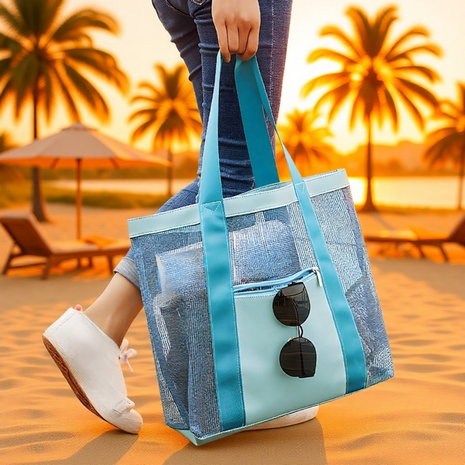 アウトドア用手提げ収納バッグ PVCメッシュショルダー収納袋