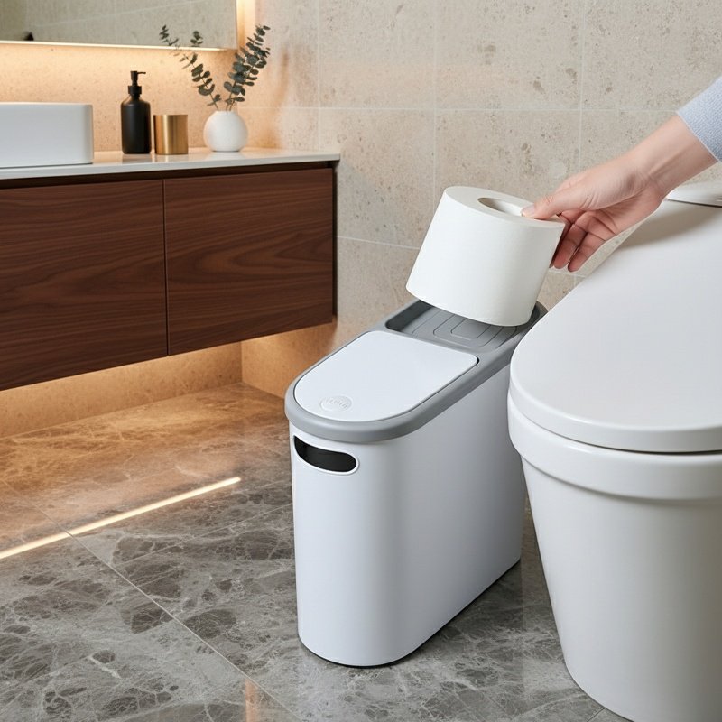 Schmaler Mülleimer mit Druckdeckel, vielseitig für Bad, Küche und Wohnzimmer einsetzbar