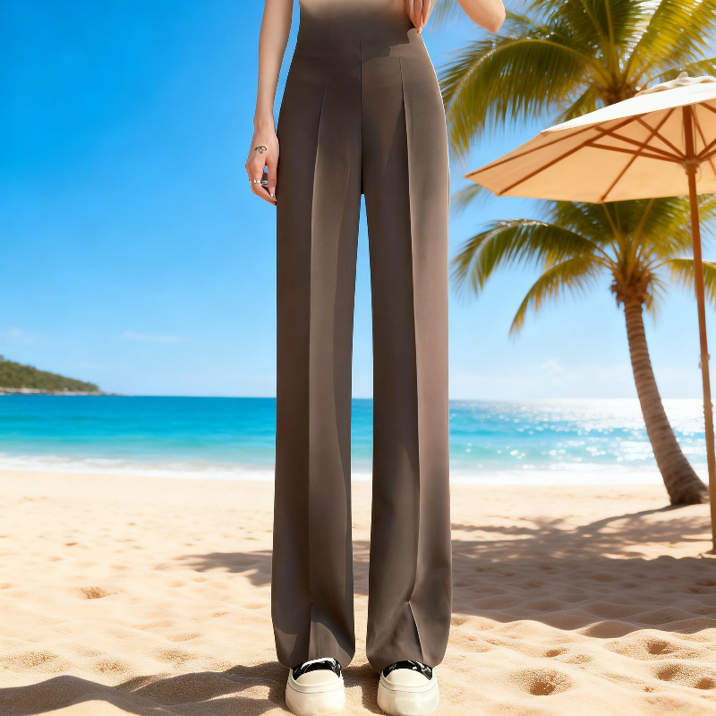 小柄女性向けハイウエストストレートワイドパンツ ヒップアップ サイドジッパー フォーマルカジュアルパンツ