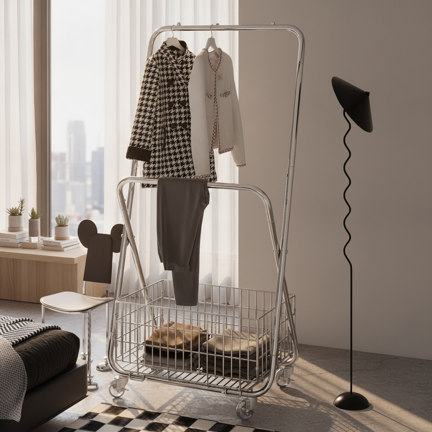 Floor-standing clothes rack floor bedroom coat rack thickened metal with wheels balcony clothes rack