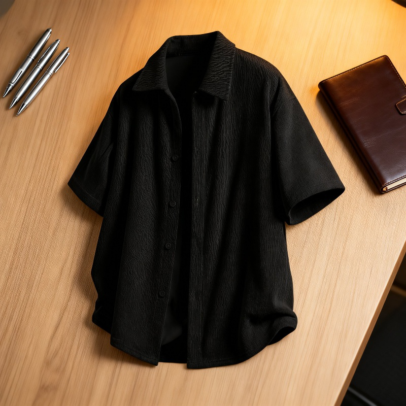 メンズゆったり無地パイルオープンカラー半袖シャツ 春夏バカンス風