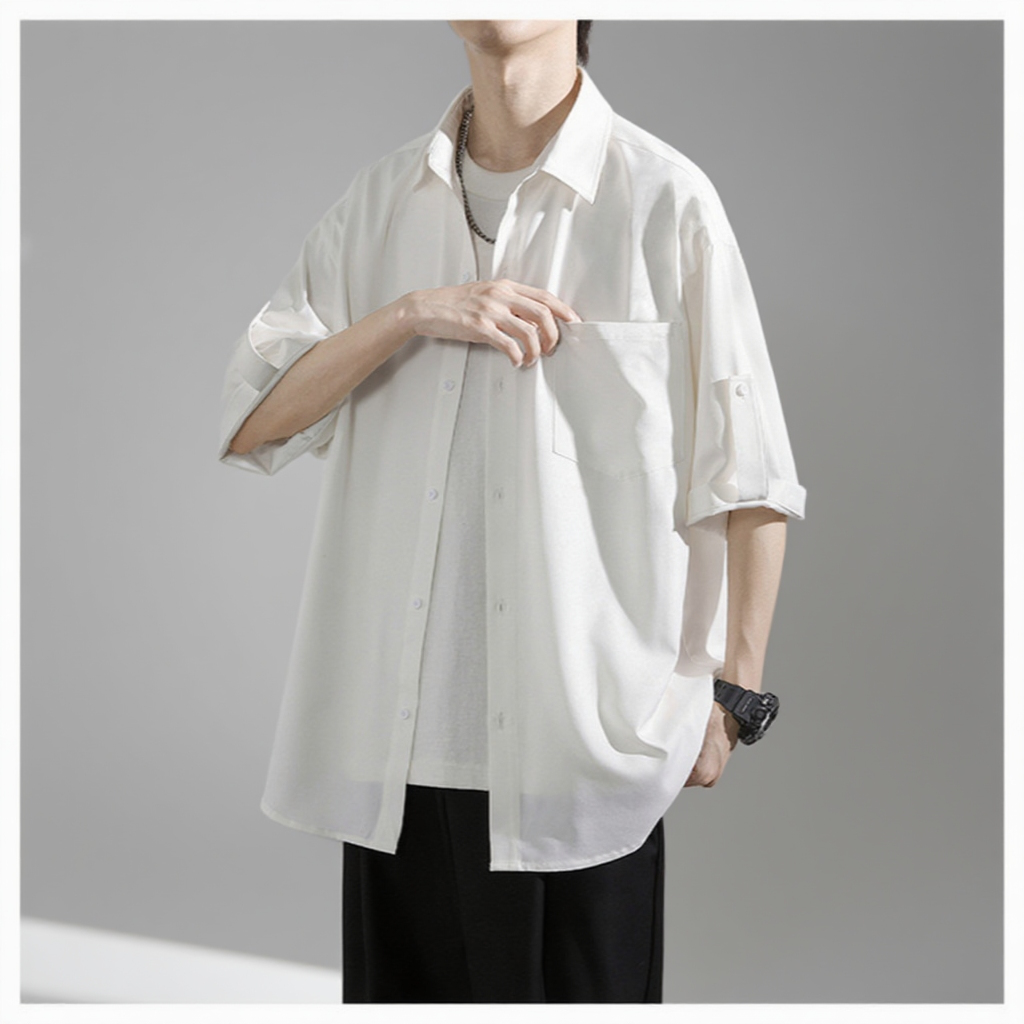 アイスドレープファッションシャツ 夏のルーズカップル薄手半袖シャツ タイドシャツ五分袖カジュアルシャツ