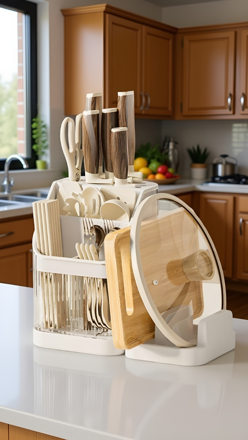 다양한 칼과 젓가락이 정리된 수납대