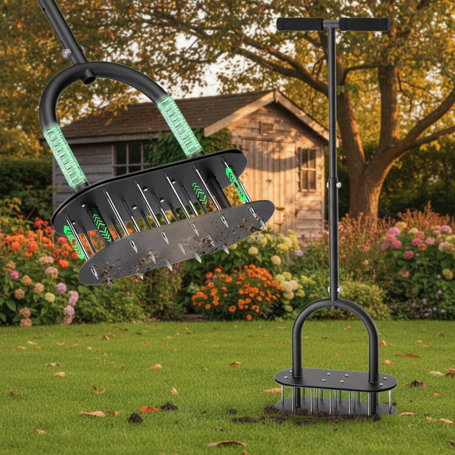 Carbon steel lawn loosener, garden aerator, soil perforator