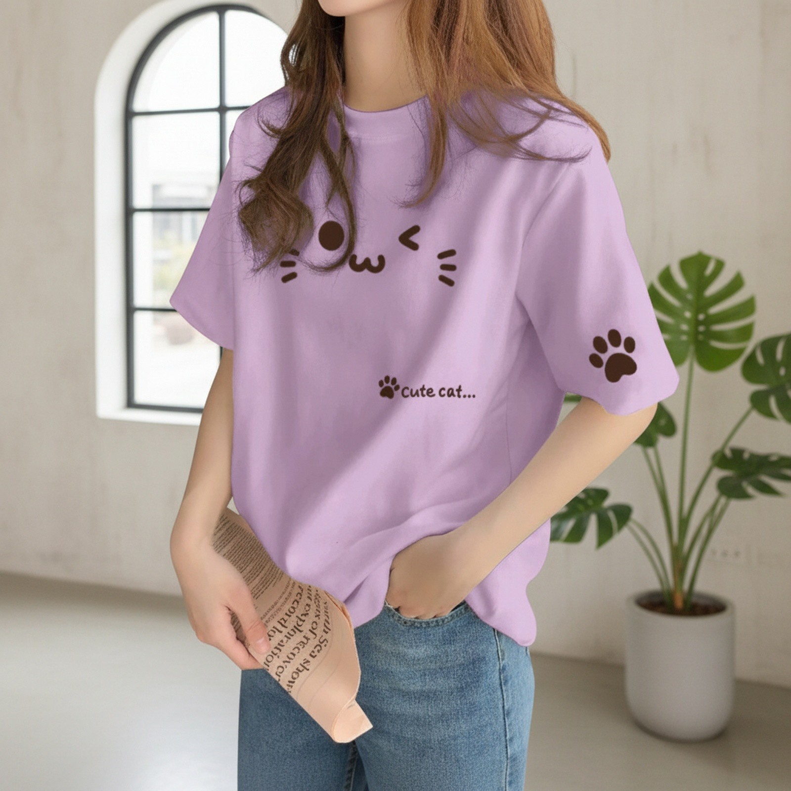 デザイン感のある レディース コットン ベージュ インナーTシャツ