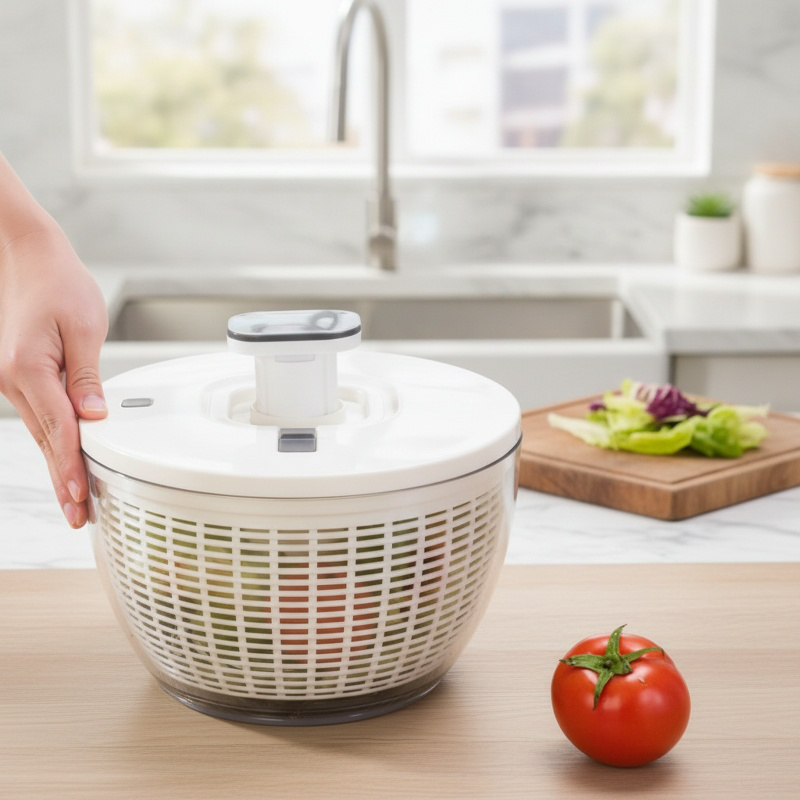 Hilandero manual de verduras tipo empuje con cesta de drenaje