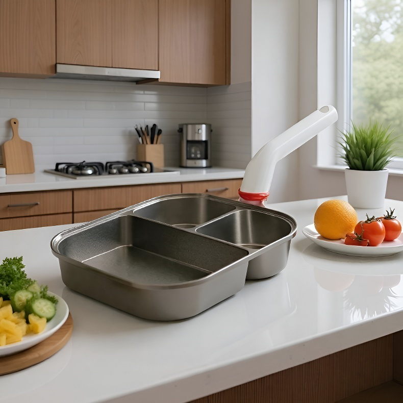 Sartén de desayuno de titanio tres en uno sobre cocina