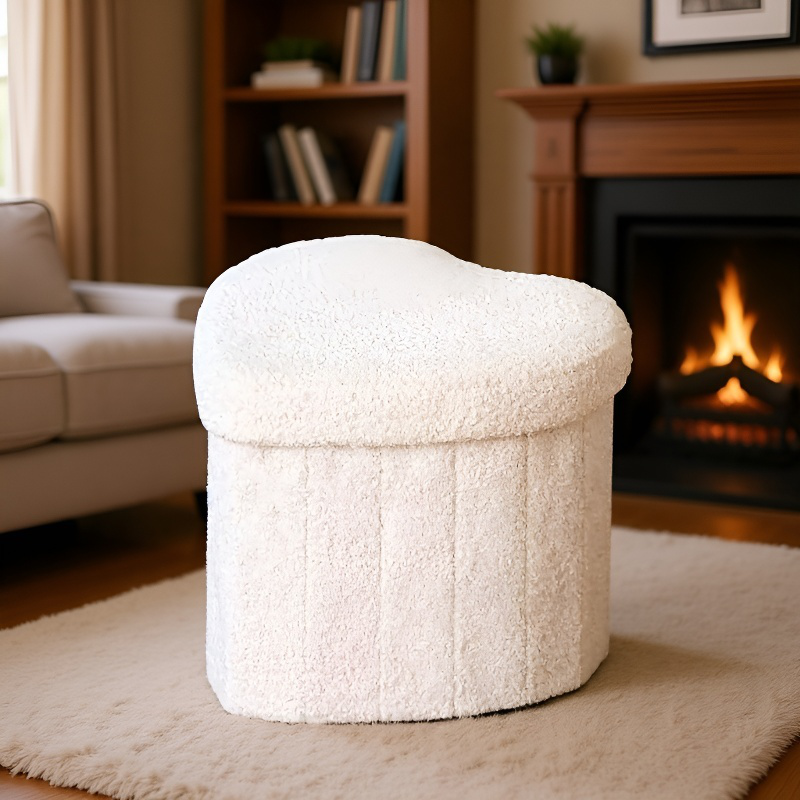 Tabouret de rangement multifonctionnel en forme de cœur, tissu Teddy, format compact