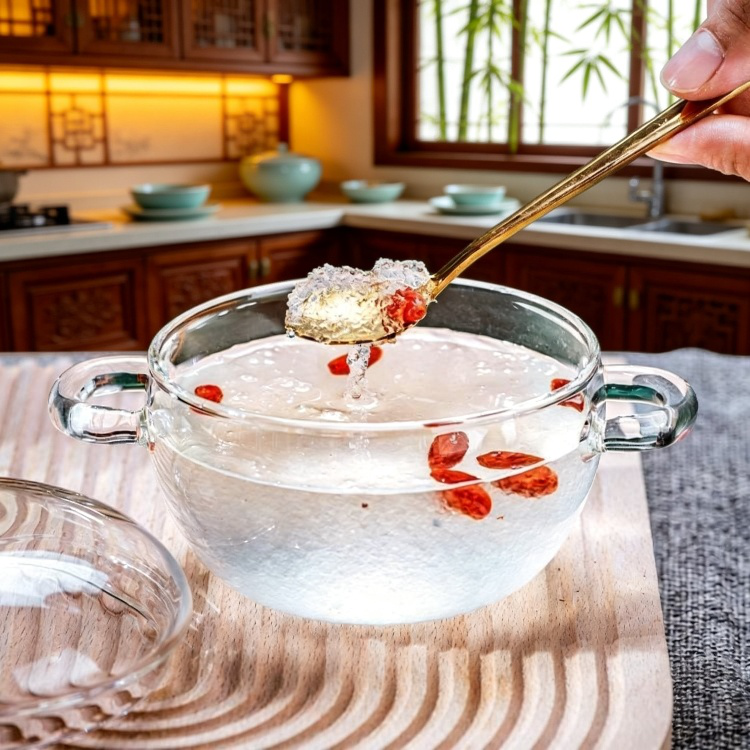 Heat Resistant Glass Soup Pot for Household, Double Handle Stew and Steamed Egg Pot