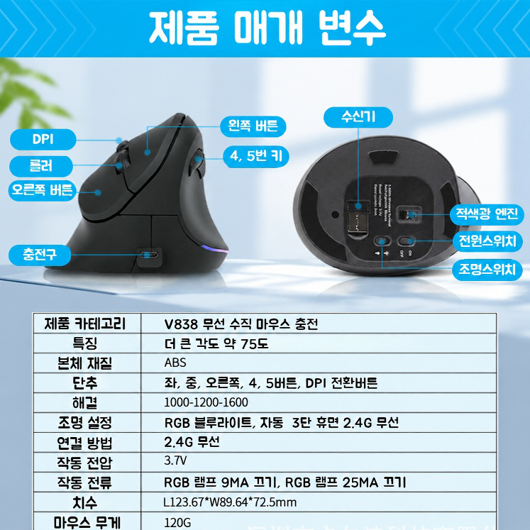인체공학 버티컬 마우스 무선 저소음 사무용