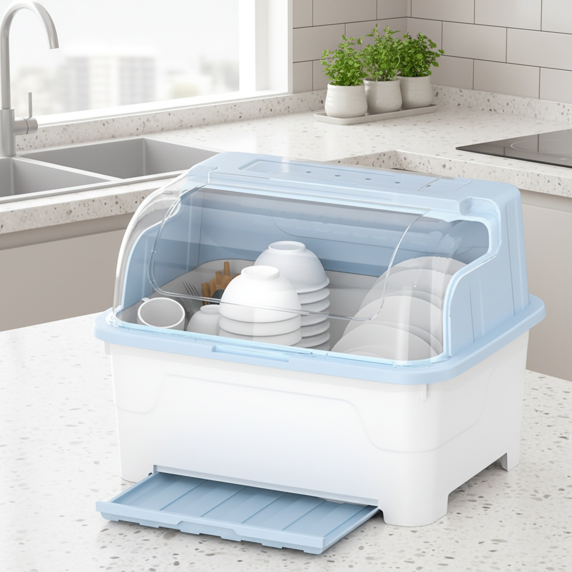 Boîte de rangement pour bols et assiettes avec couvercle, support pour couverts, cuisine