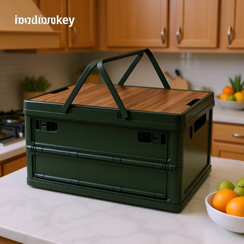 Foldable camping table with plastic basket organizer