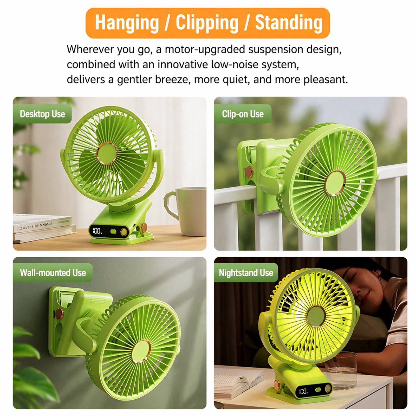 Portable USB Silent Clip-on Fan with Digital Display Night Light for Desktop and Home