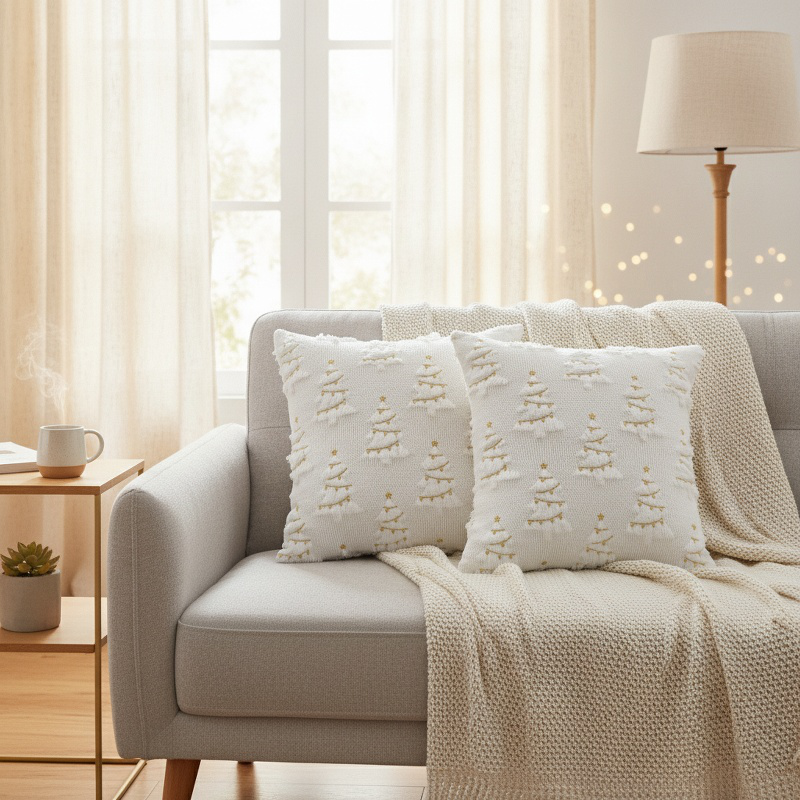 Holiday-themed cushion cover on bed