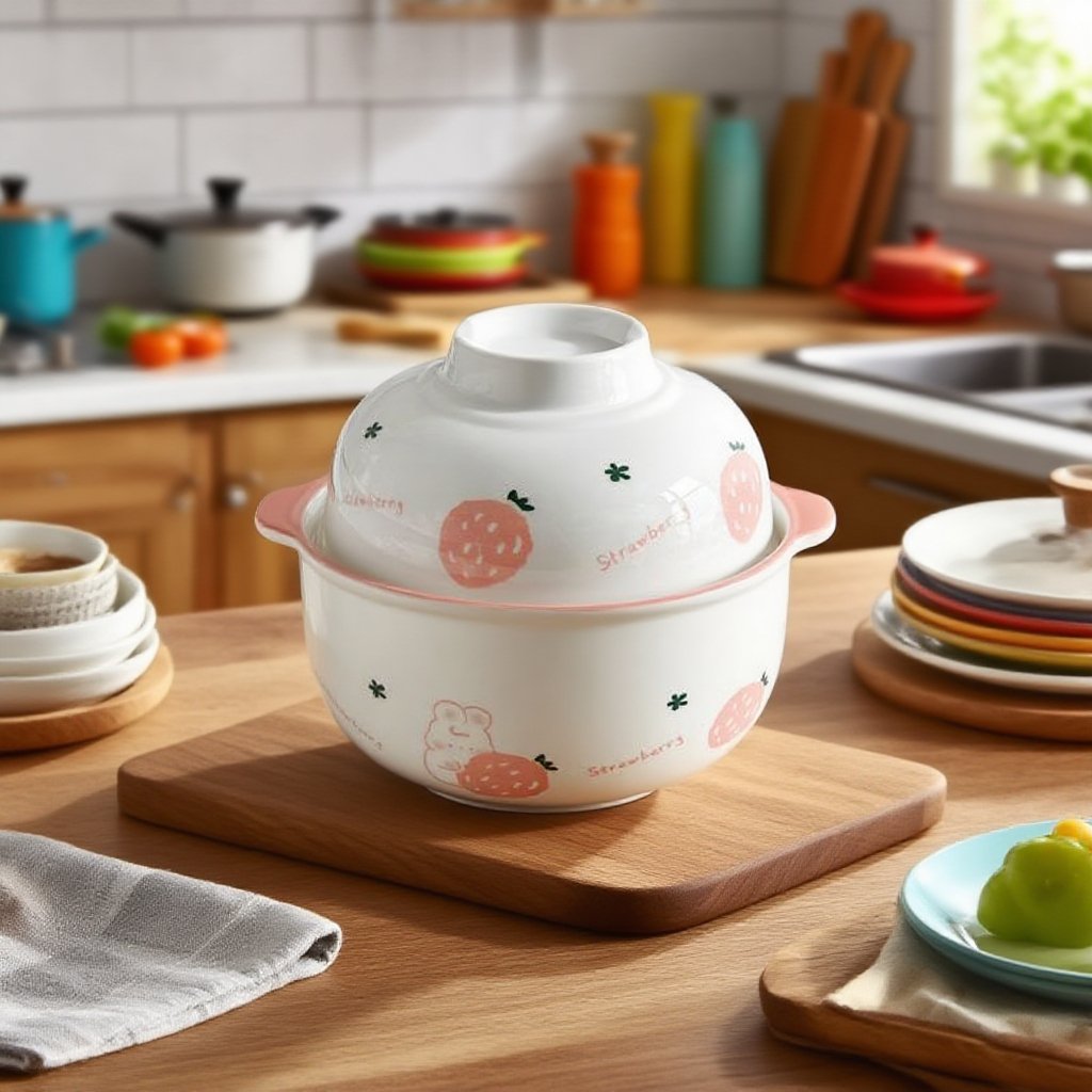 뚜껑과 손잡이 두 개가 달린 귀여운 세라믹 그릇