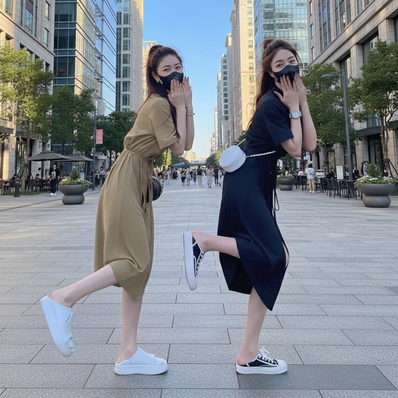여름 루즈핏 슬림핏 정장넥 롱스커트 여 퓨어 원피스