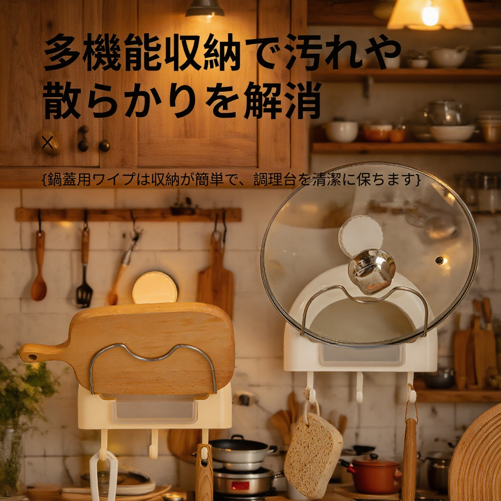 キッチンの壁に設置されたポット蓋ラック