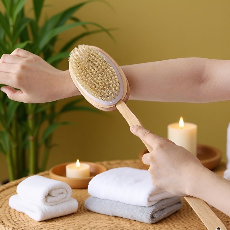 Double-sided boar bristle bath brush, long handle, powerful exfoliating back.