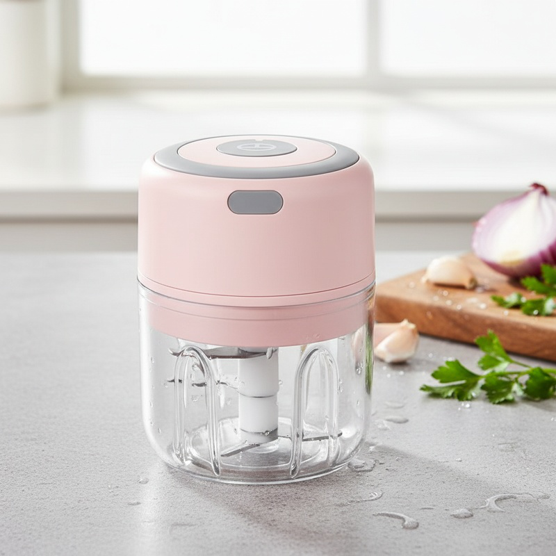 Cordless garlic chopper with transparent bowl