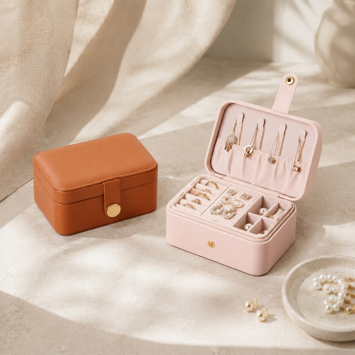 Portable Double-Layer Leather Jewelry Organizer